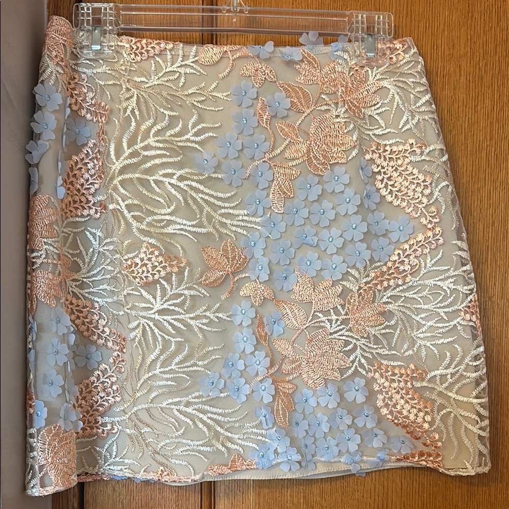 Floral Embroidered Lace Skirt - Blue and Peach